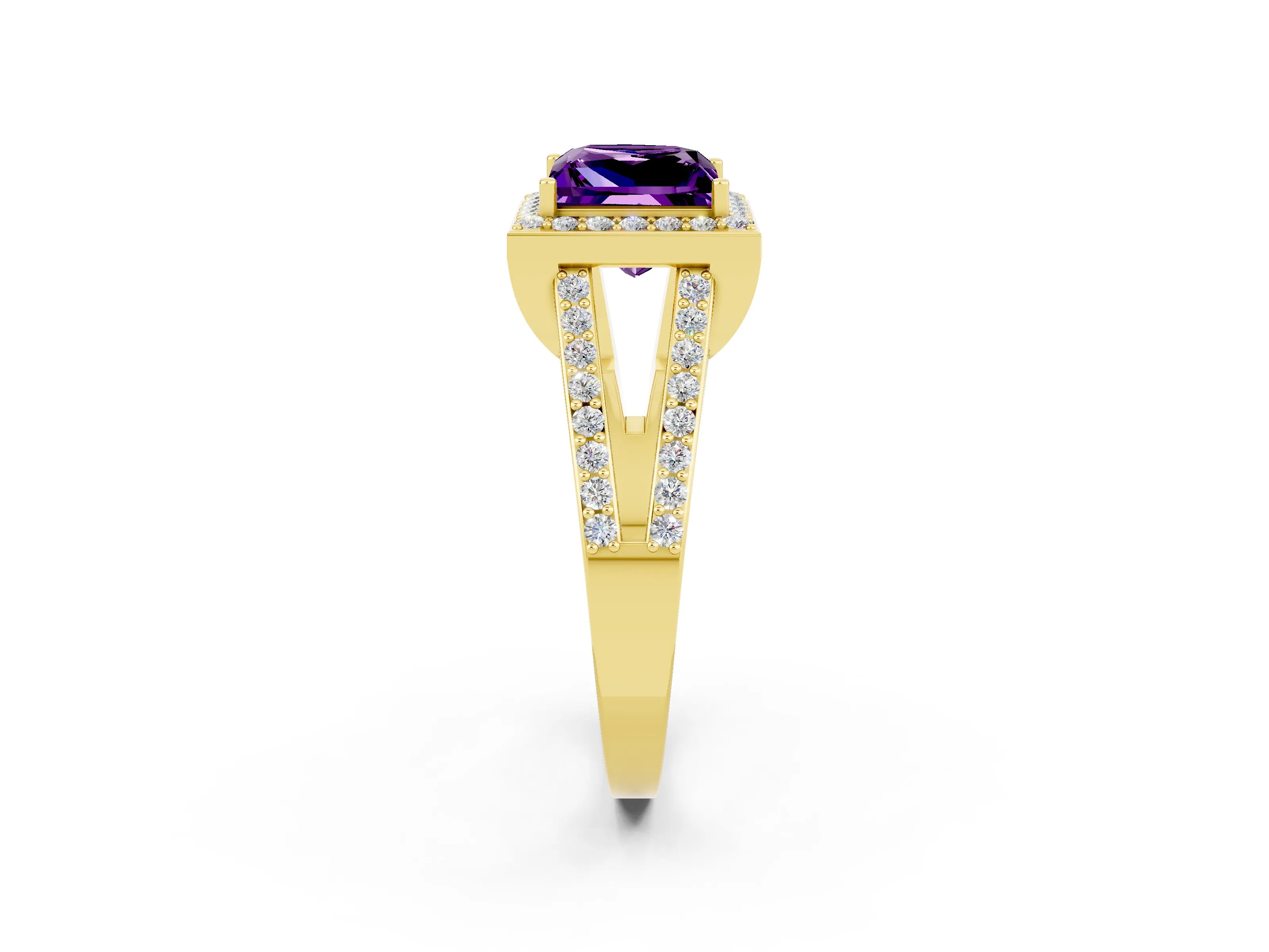 Yellow gold Princess Cut Amethyst Halo Ring with Split Shank U-Prong Band and Four-Prong Setting_2