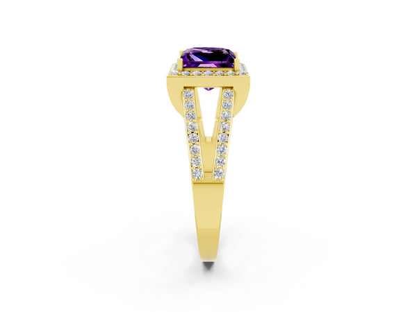 Yellow gold Princess Cut Amethyst Halo Ring with Split Shank U-Prong Band and Four-Prong Setting
