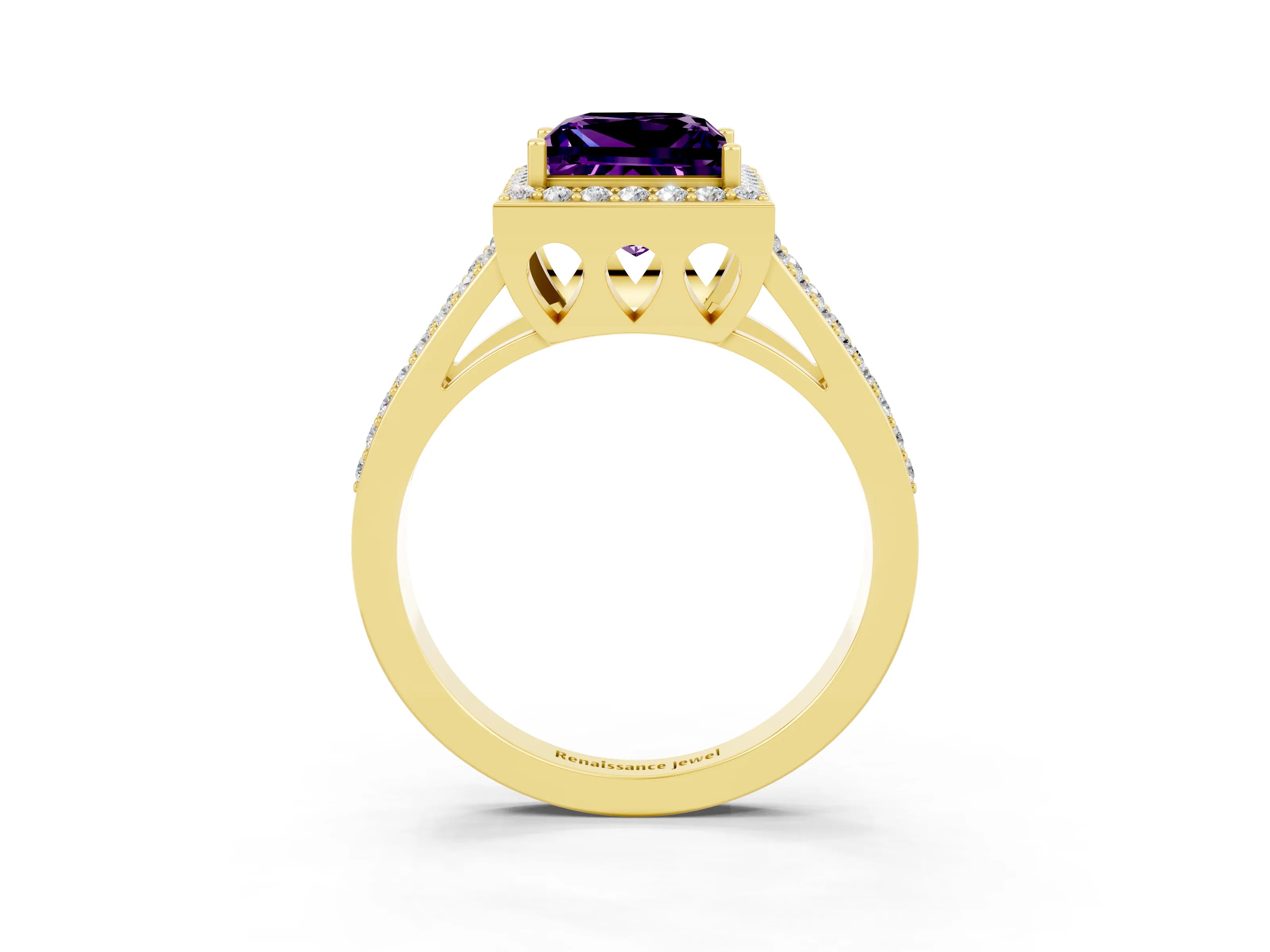 Yellow gold Princess Cut Amethyst Halo Ring with Split Shank U-Prong Band and Four-Prong Setting_3
