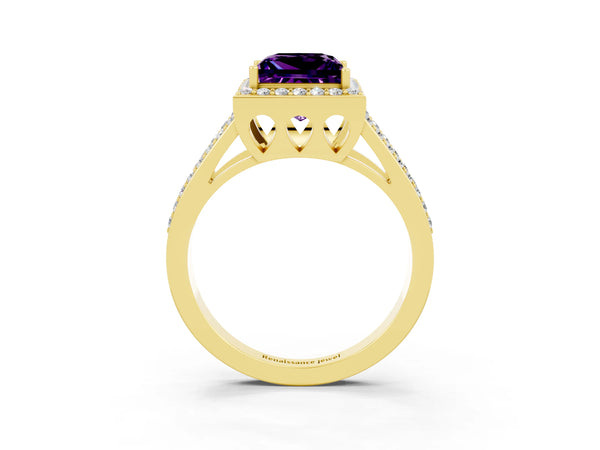 Yellow gold Princess Cut Amethyst Halo Ring with Split Shank U-Prong Band and Four-Prong Setting
