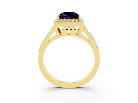 Yellow gold Princess Cut Amethyst Halo Ring with Split Shank U-Prong Band and Four-Prong Setting_3