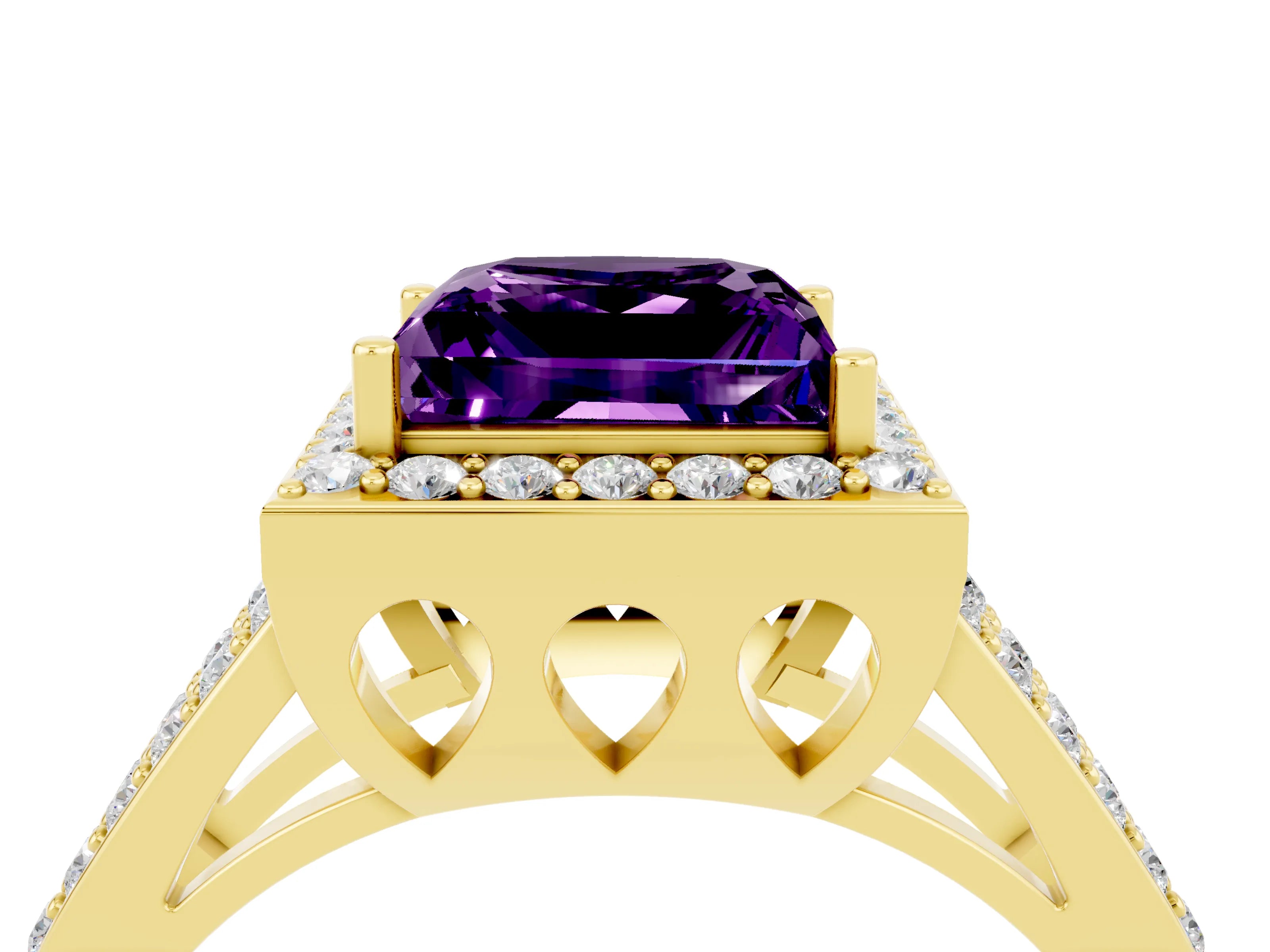 Yellow gold Princess Cut Amethyst Halo Ring with Split Shank U-Prong Band and Four-Prong Setting_4