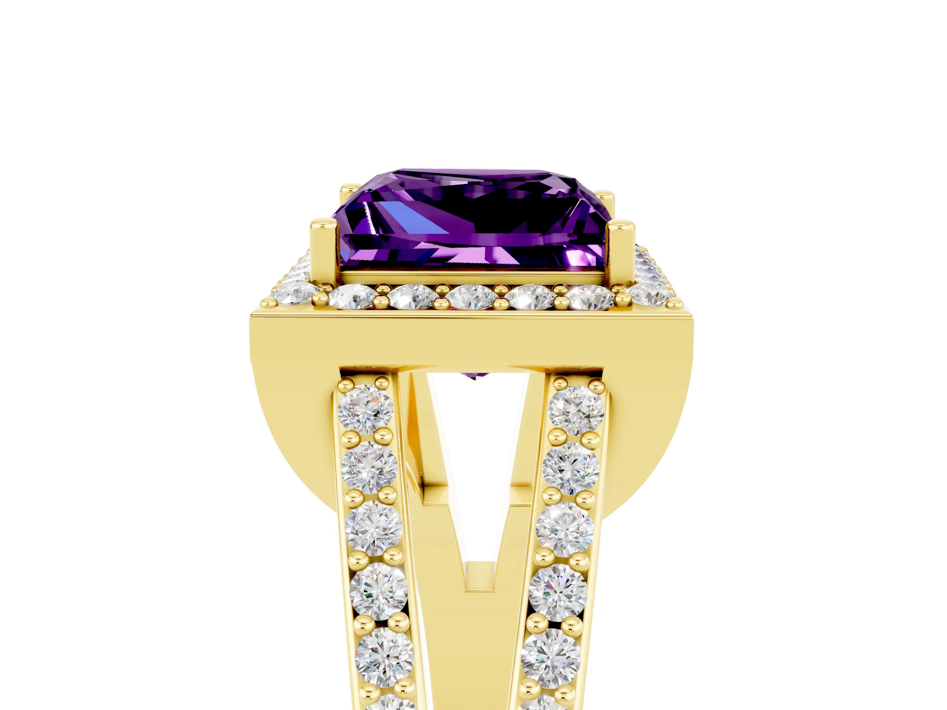 Yellow gold Princess Cut Amethyst Halo Ring with Split Shank U-Prong Band and Four-Prong Setting_5