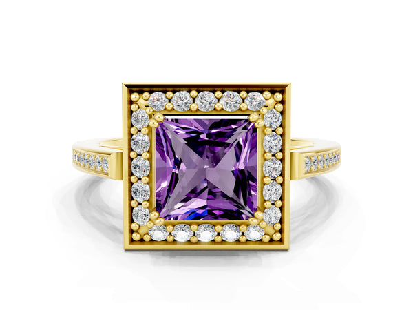 Yellow gold Princess Cut Amethyst Halo Ring with Split Shank and Four-Prong Setting