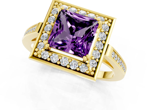Yellow gold Princess Cut Amethyst Halo Ring with Split Shank and Four-Prong Setting