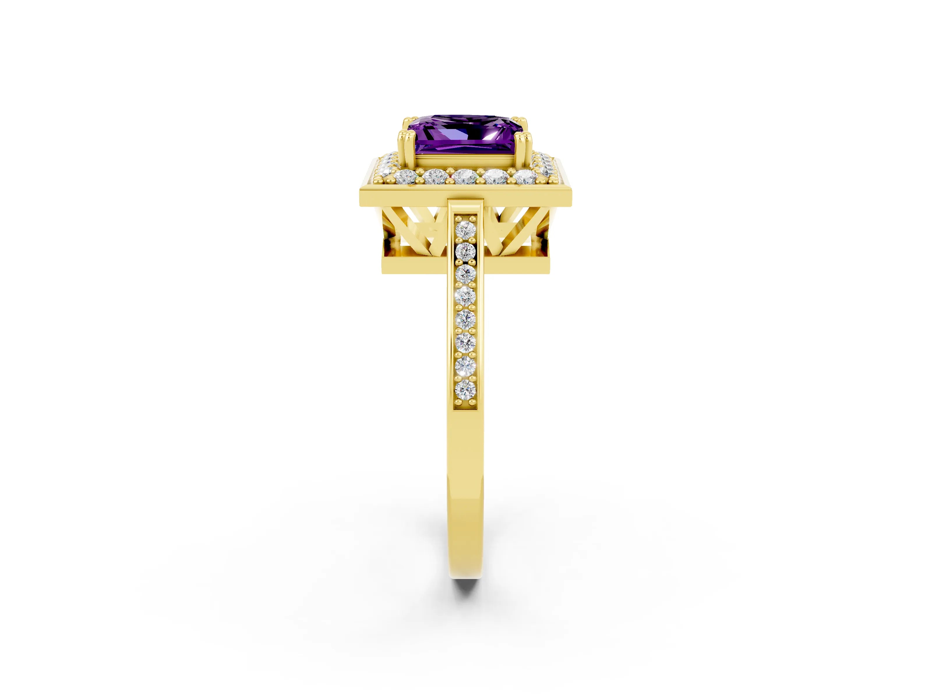Yellow gold Princess Cut Amethyst Halo Ring with Split Shank and Four-Prong Setting_2