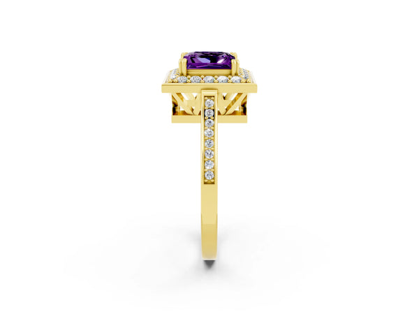 Yellow gold Princess Cut Amethyst Halo Ring with Split Shank and Four-Prong Setting