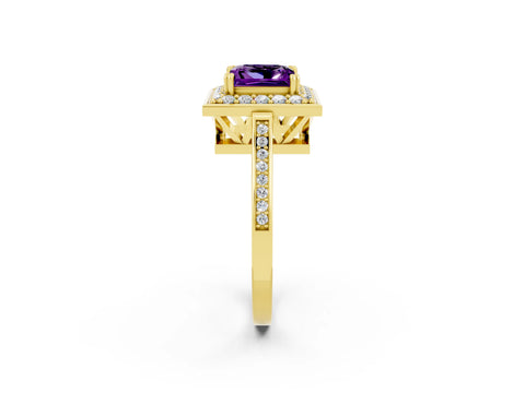Yellow gold Princess Cut Amethyst Halo Ring with Split Shank and Four-Prong Setting_2