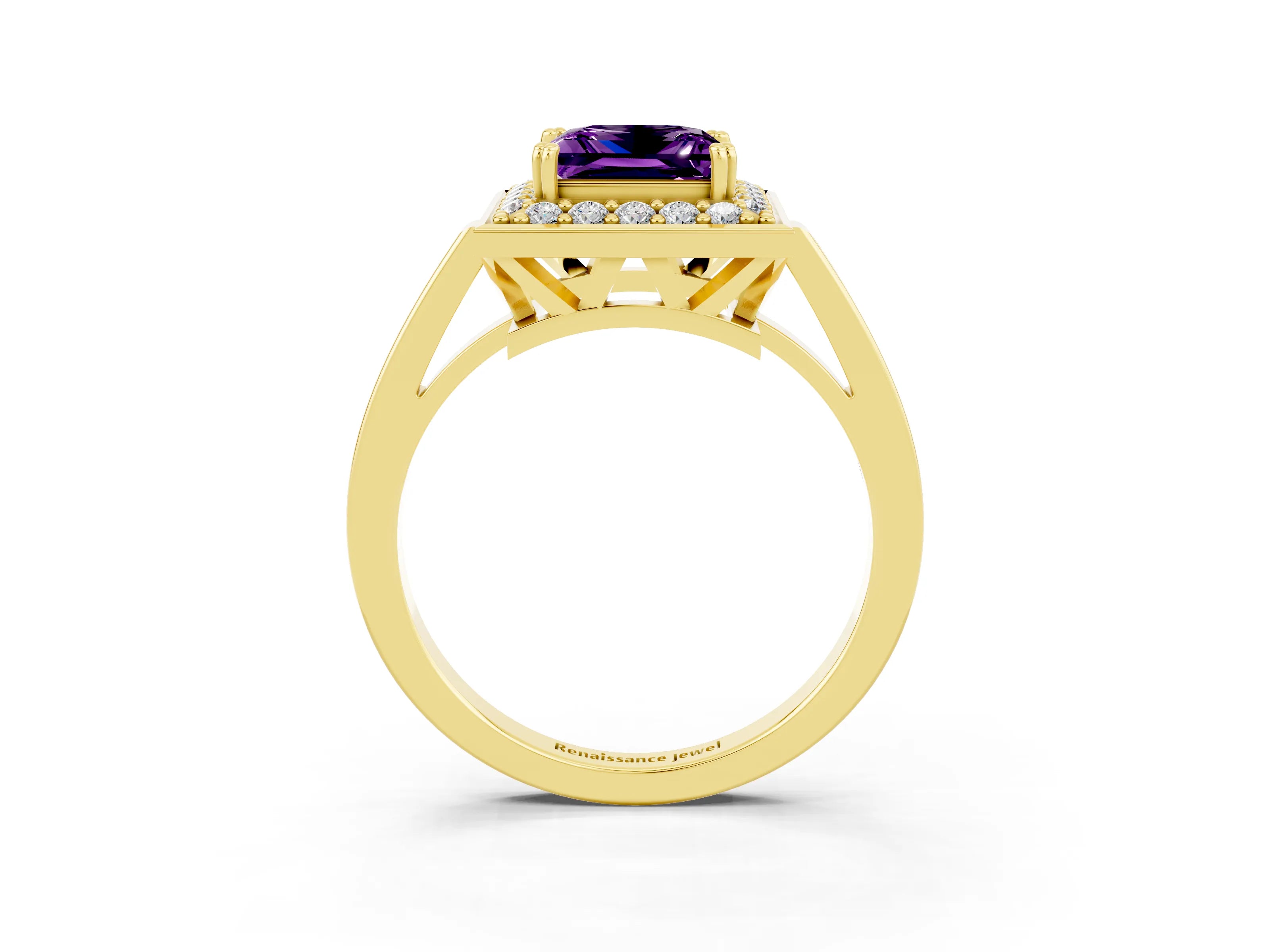 Yellow gold Princess Cut Amethyst Halo Ring with Split Shank and Four-Prong Setting_3