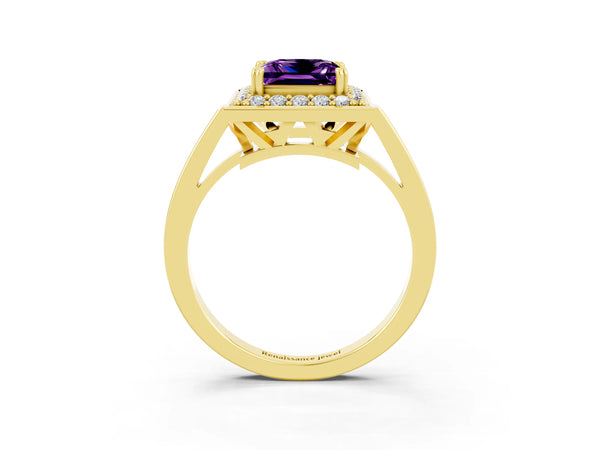 Yellow gold Princess Cut Amethyst Halo Ring with Split Shank and Four-Prong Setting