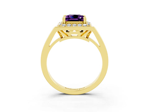 Yellow gold Princess Cut Amethyst Halo Ring with Split Shank and Four-Prong Setting_3