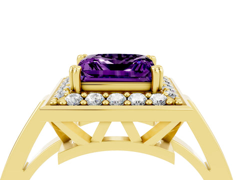 Yellow gold Princess Cut Amethyst Halo Ring with Split Shank and Four-Prong Setting_4