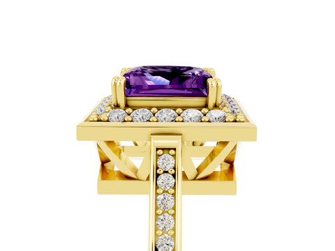 Yellow gold Princess Cut Amethyst Halo Ring with Split Shank and Four-Prong Setting_5