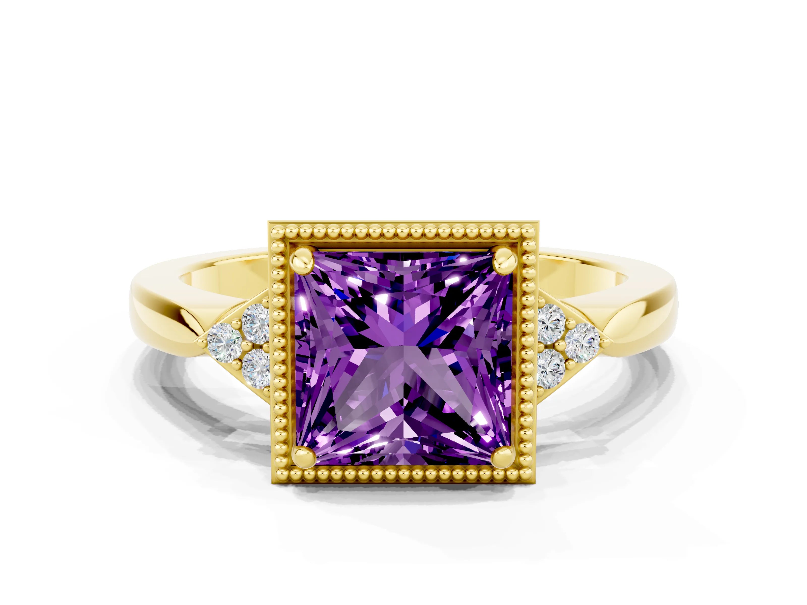 Yellow gold Princess Cut Amethyst Halo Ring with Tapered Band and Four-Prong Setting