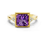Yellow gold Princess Cut Amethyst Halo Ring with Tapered Band and Four-Prong Setting