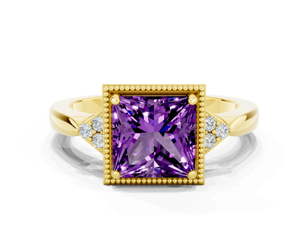 Yellow gold Princess Cut Amethyst Halo Ring with Tapered Band and Four-Prong Setting