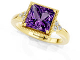 Yellow gold Princess Cut Amethyst Halo Ring with Tapered Band and Four-Prong Setting_1