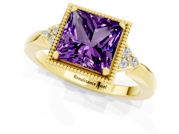 Yellow gold Princess Cut Amethyst Halo Ring with Tapered Band and Four-Prong Setting