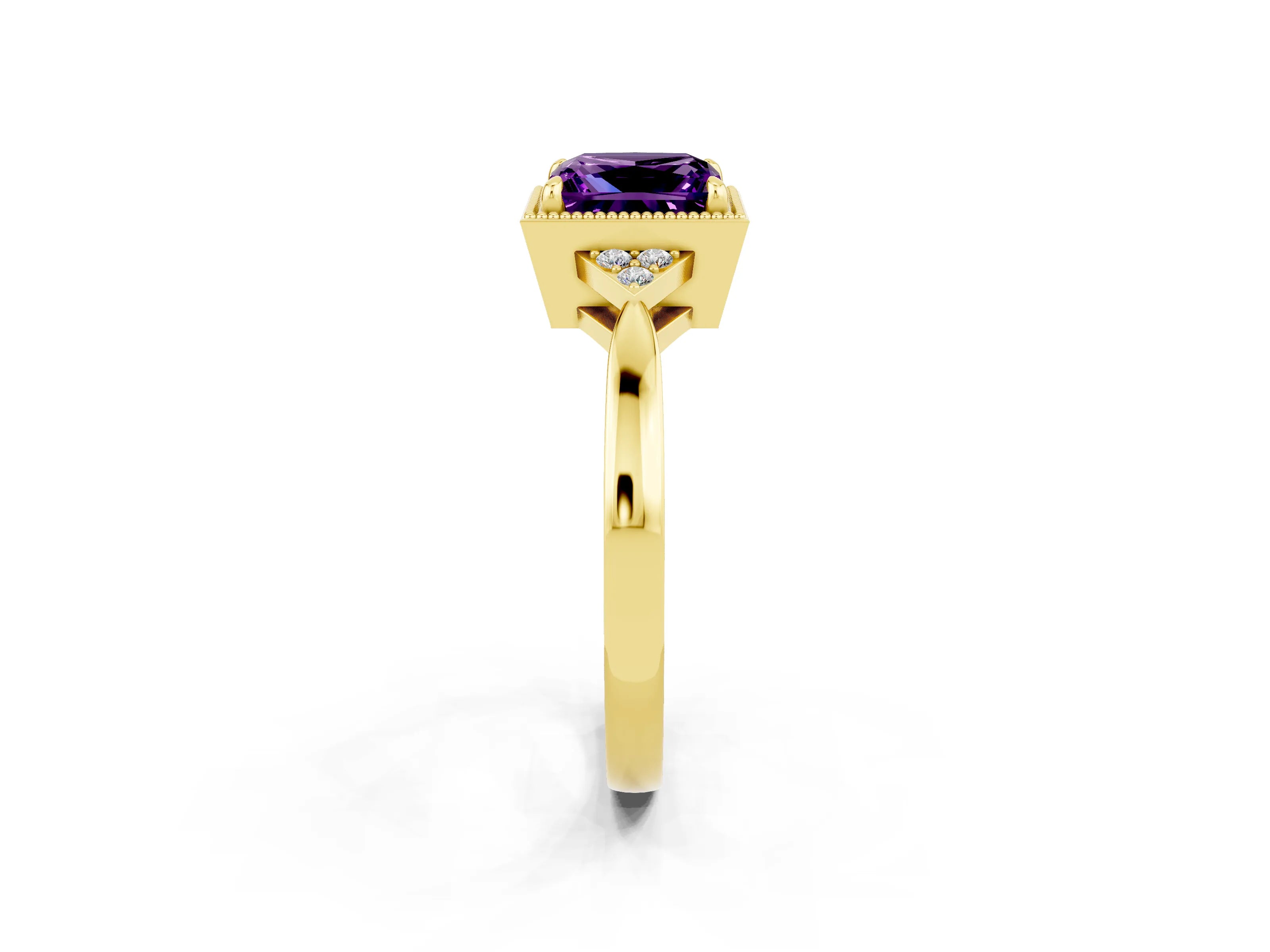 Yellow gold Princess Cut Amethyst Halo Ring with Tapered Band and Four-Prong Setting_2