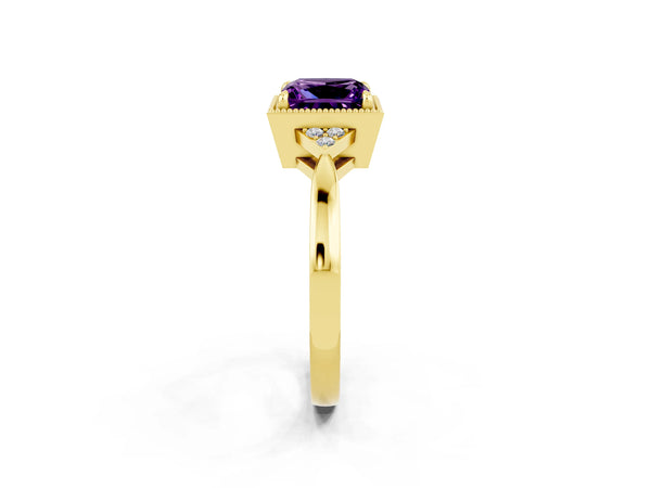 Yellow gold Princess Cut Amethyst Halo Ring with Tapered Band and Four-Prong Setting