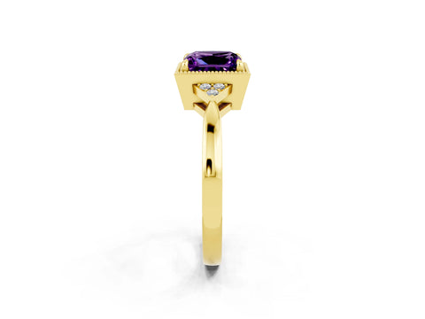 Yellow gold Princess Cut Amethyst Halo Ring with Tapered Band and Four-Prong Setting_2