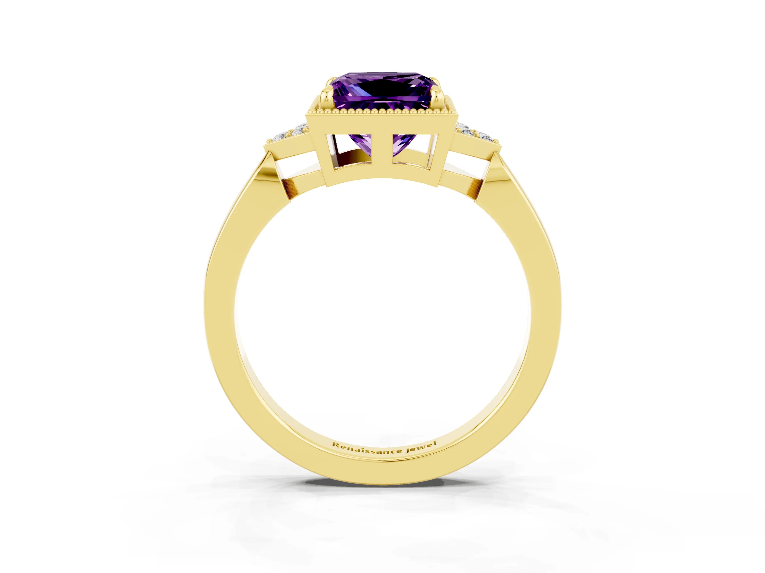 Yellow gold Princess Cut Amethyst Halo Ring with Tapered Band and Four-Prong Setting_3