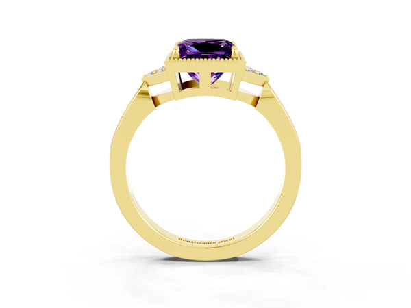 Yellow gold Princess Cut Amethyst Halo Ring with Tapered Band and Four-Prong Setting