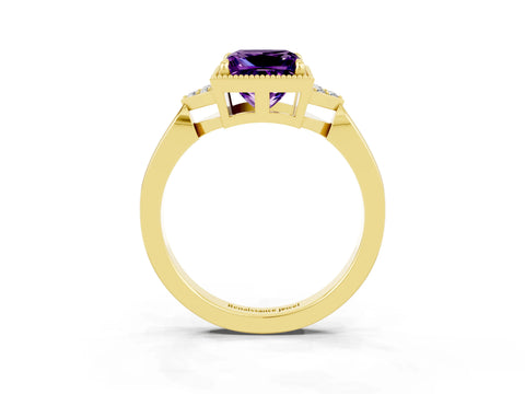 Yellow gold Princess Cut Amethyst Halo Ring with Tapered Band and Four-Prong Setting_3