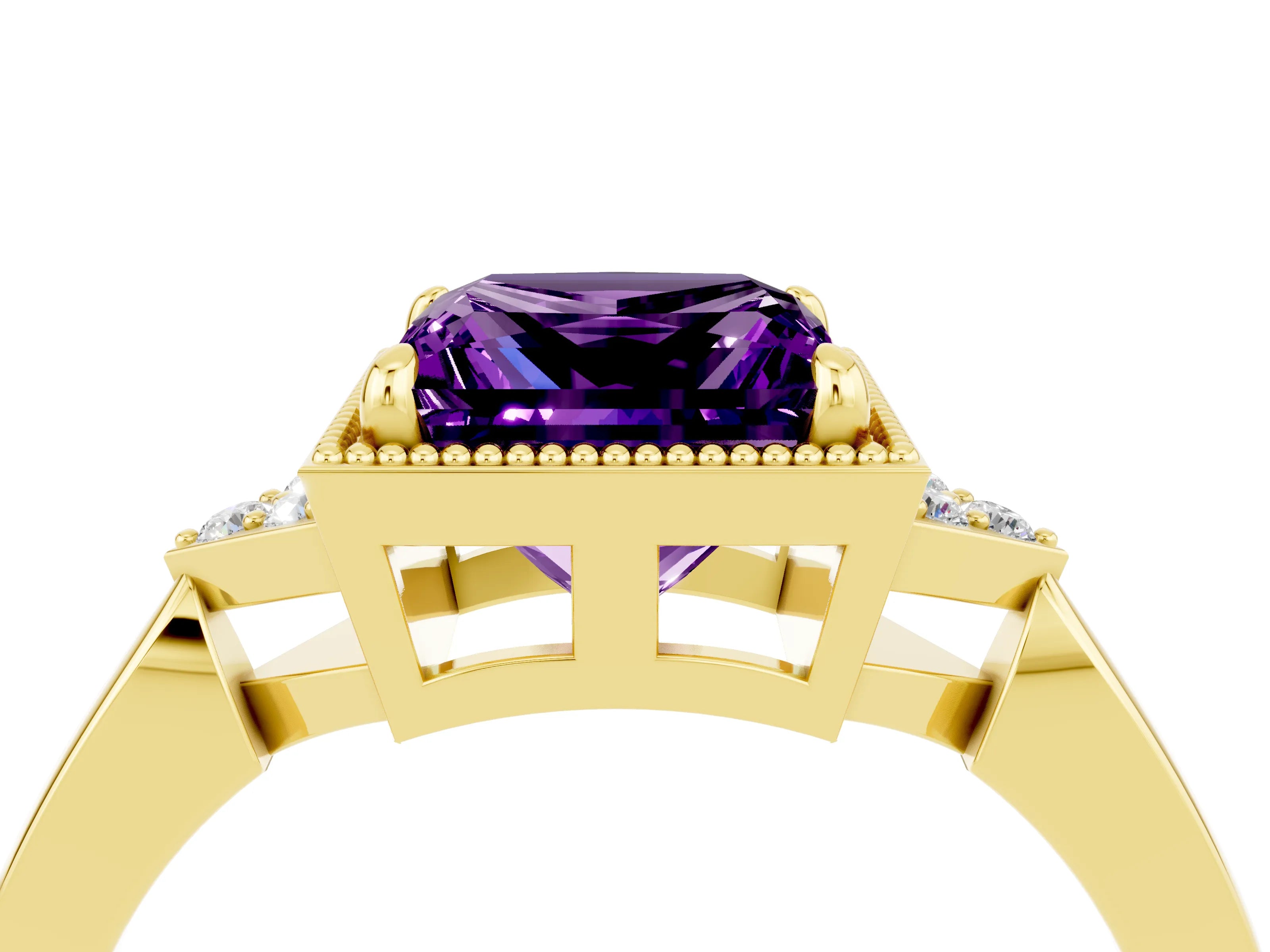 Yellow gold Princess Cut Amethyst Halo Ring with Tapered Band and Four-Prong Setting_4