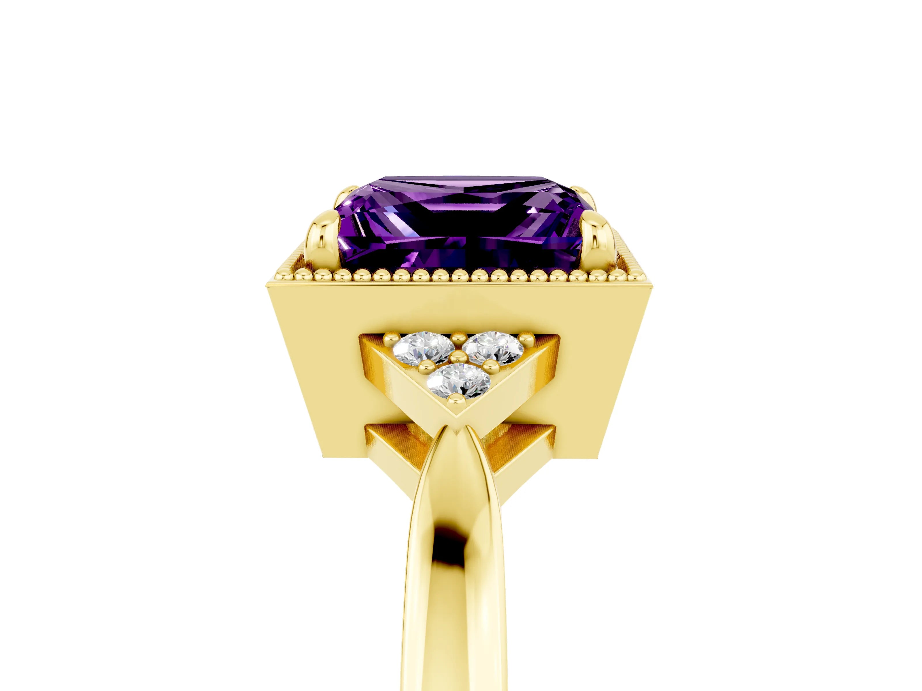 Yellow gold Princess Cut Amethyst Halo Ring with Tapered Band and Four-Prong Setting_5