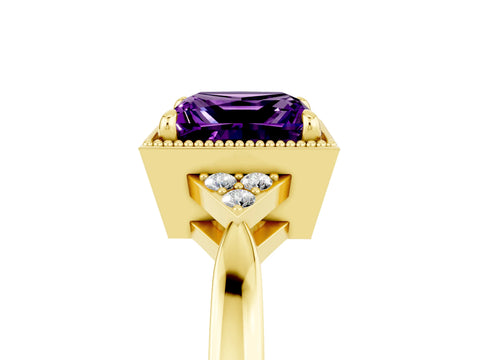 Yellow gold Princess Cut Amethyst Halo Ring with Tapered Band and Four-Prong Setting_5