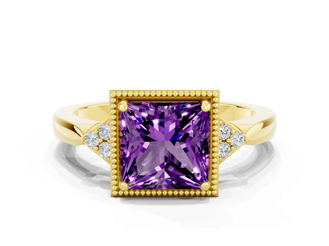 Yellow gold Princess Cut Amethyst Halo Ring with Tapered Band and Four-Prong Setting