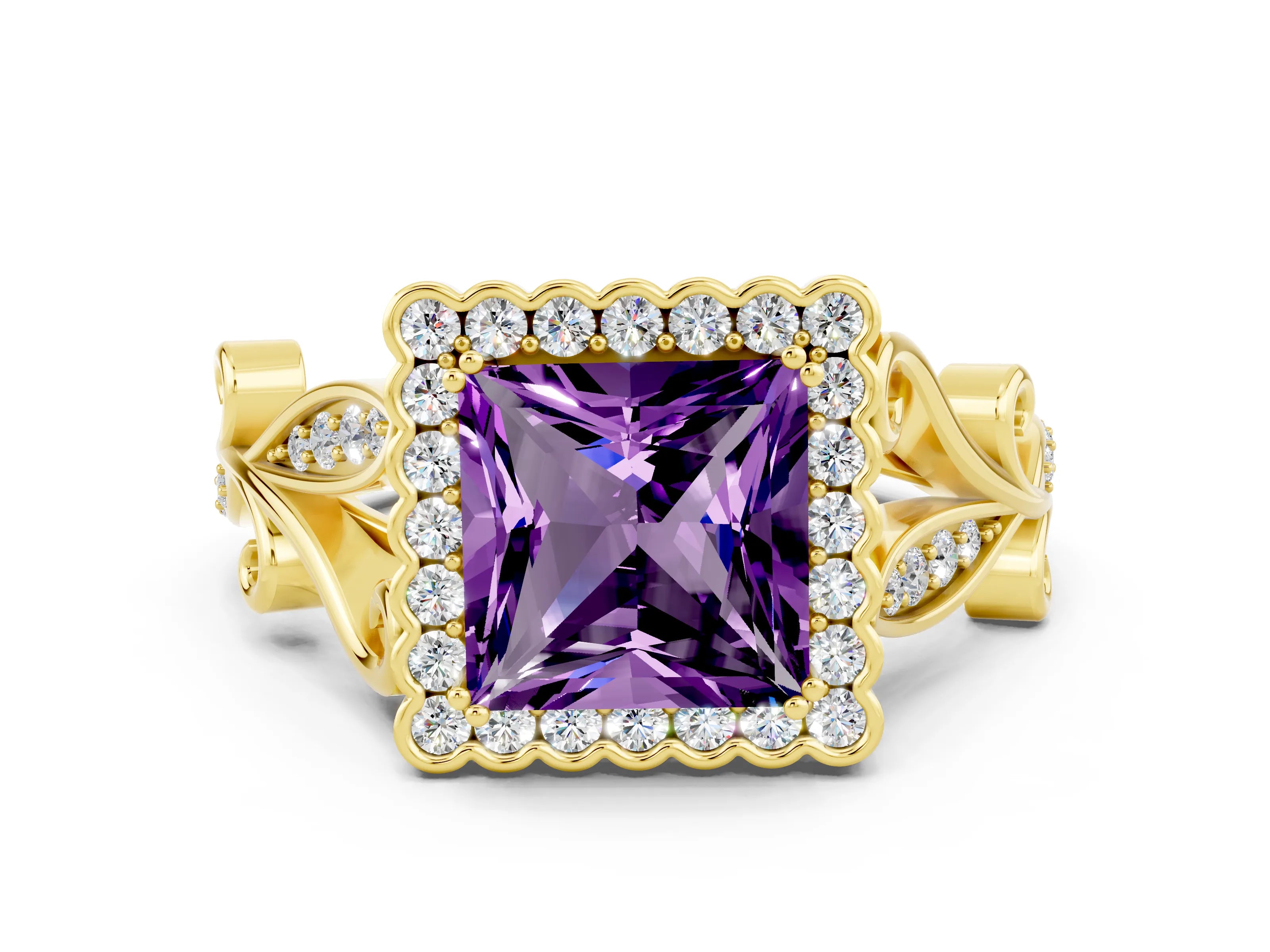 Yellow gold Princess Cut Amethyst Halo Ring with Vintage Split Shank and Four-Prong Setting