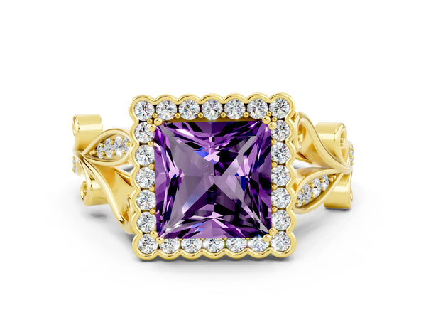 Yellow gold Princess Cut Amethyst Halo Ring with Vintage Split Shank and Four-Prong Setting