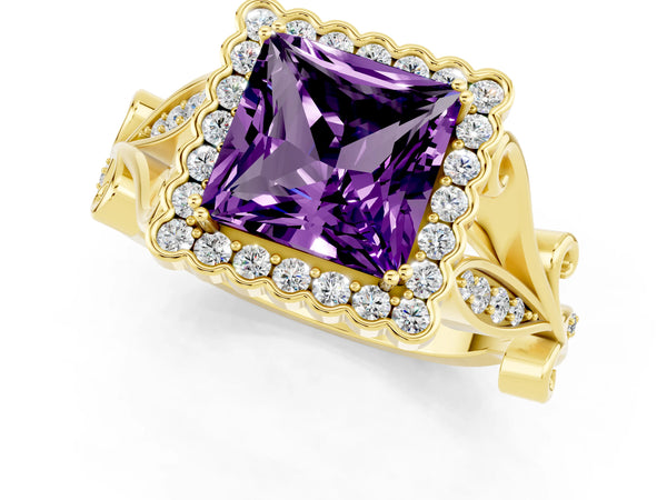 Yellow gold Princess Cut Amethyst Halo Ring with Vintage Split Shank and Four-Prong Setting