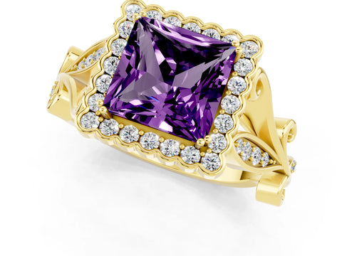 Yellow gold Princess Cut Amethyst Halo Ring with Vintage Split Shank and Four-Prong Setting_1