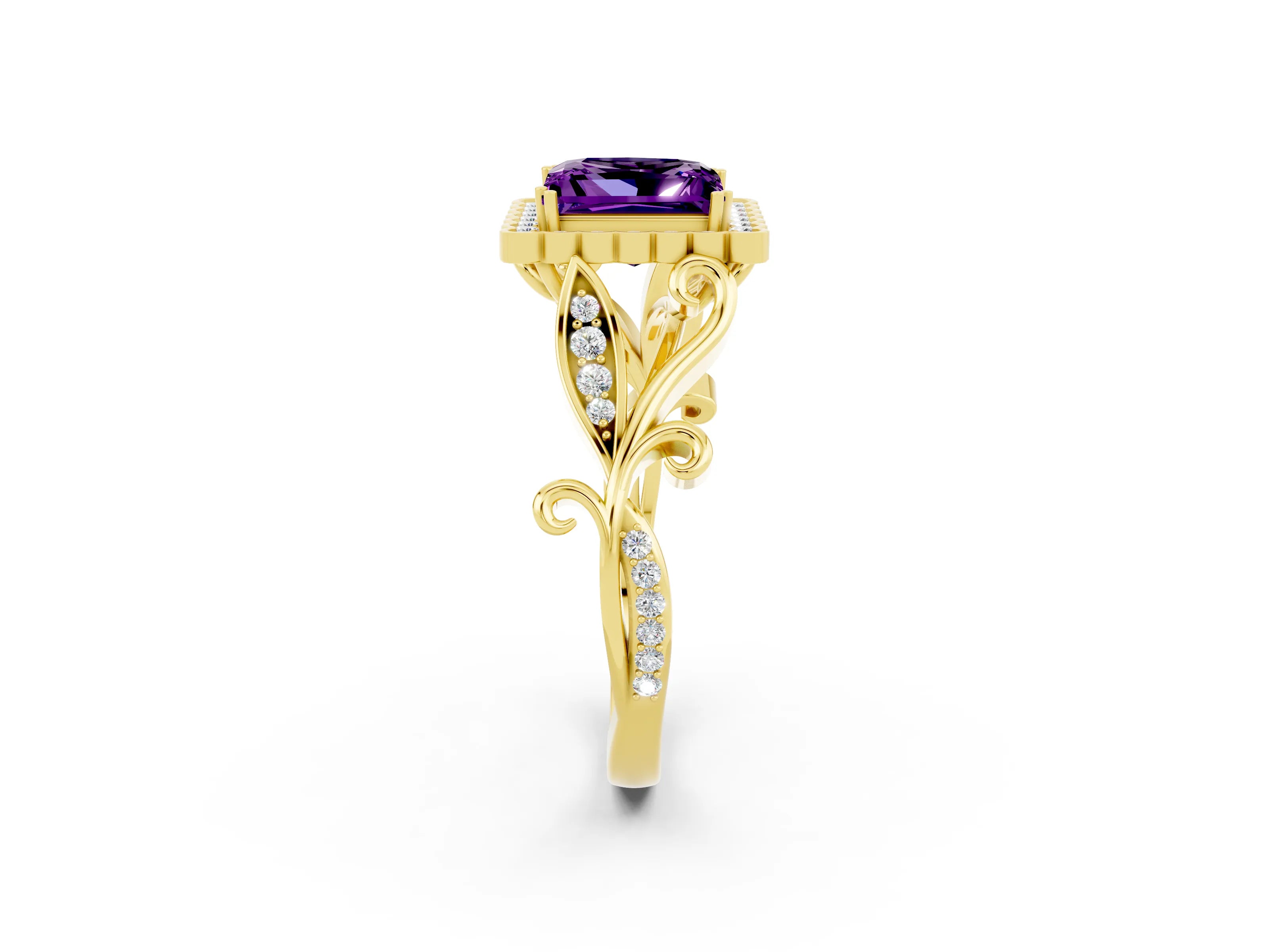 Yellow gold Princess Cut Amethyst Halo Ring with Vintage Split Shank and Four-Prong Setting_2