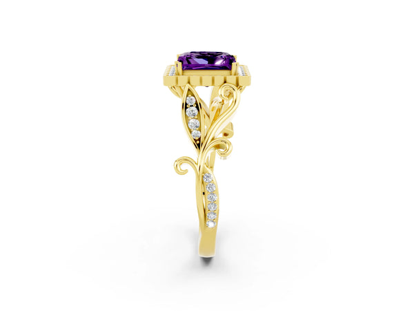 Yellow gold Princess Cut Amethyst Halo Ring with Vintage Split Shank and Four-Prong Setting