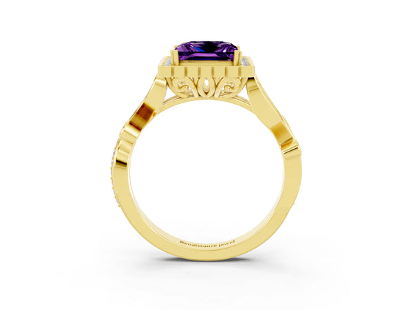 Yellow gold Princess Cut Amethyst Halo Ring with Vintage Split Shank and Four-Prong Setting