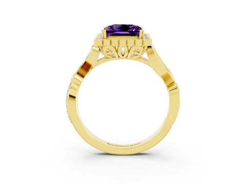 Yellow gold Princess Cut Amethyst Halo Ring with Vintage Split Shank and Four-Prong Setting_3