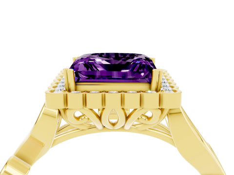 Yellow gold Princess Cut Amethyst Halo Ring with Vintage Split Shank and Four-Prong Setting_4