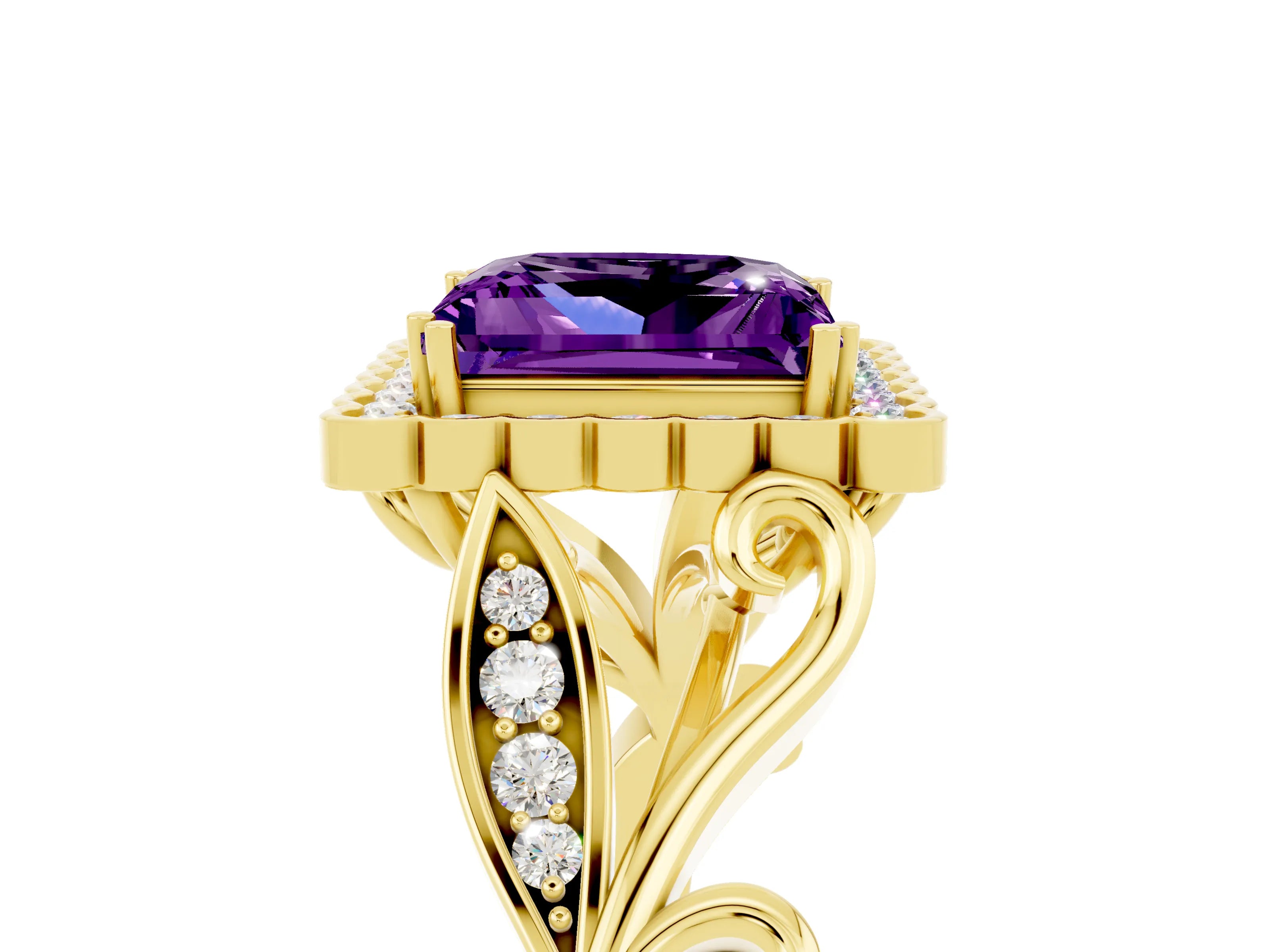 Yellow gold Princess Cut Amethyst Halo Ring with Vintage Split Shank and Four-Prong Setting_5