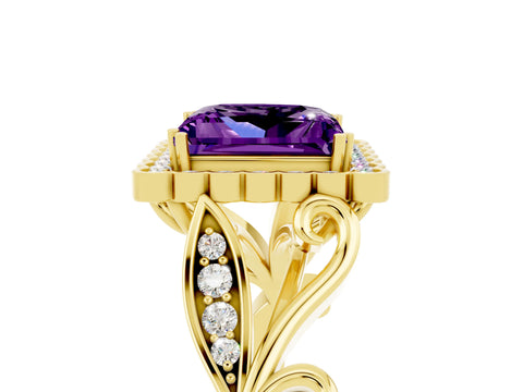 Yellow gold Princess Cut Amethyst Halo Ring with Vintage Split Shank and Four-Prong Setting_5
