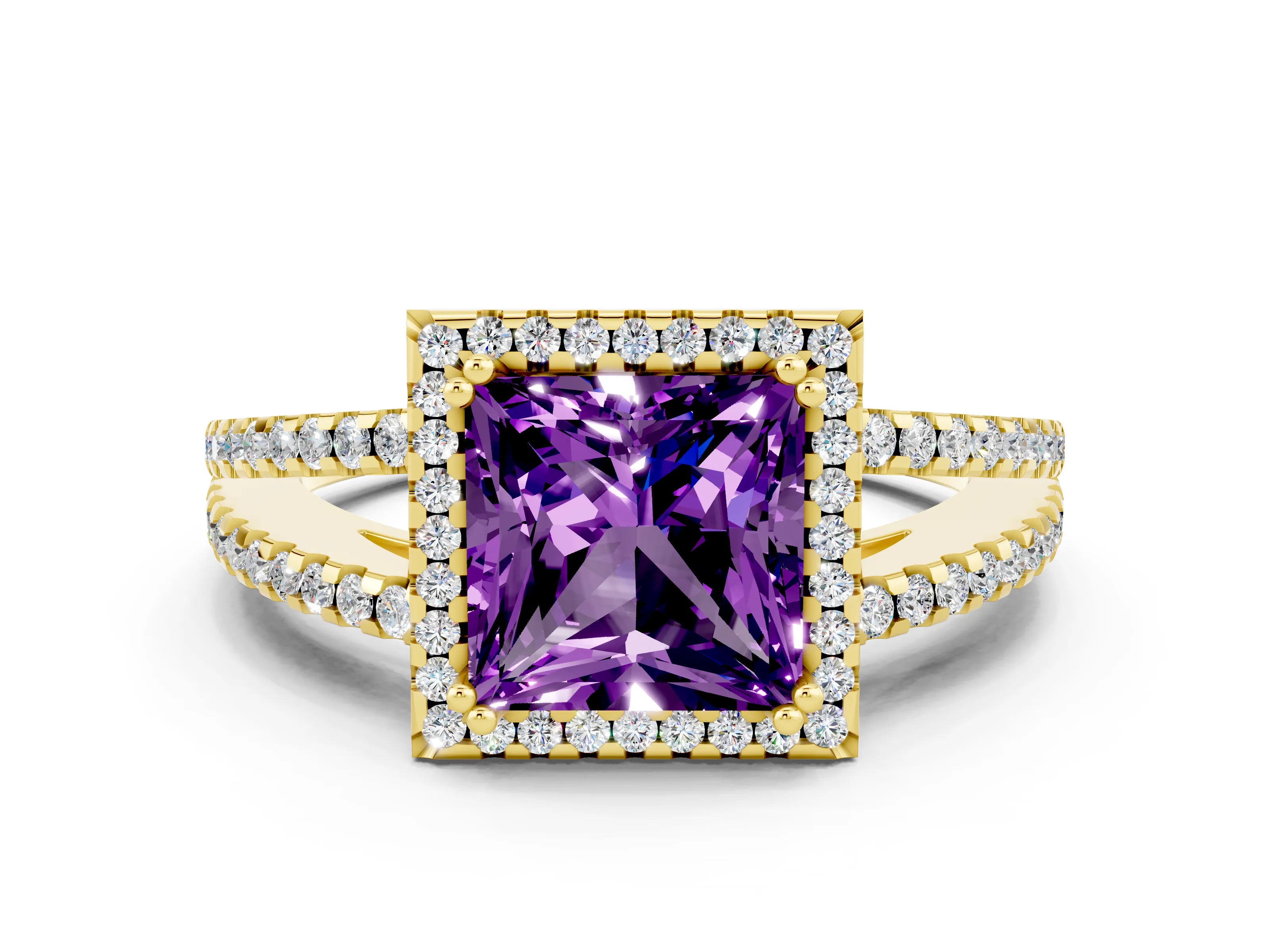 Yellow gold Princess Cut Amethyst Halo Split Shank Engagement Ring_12