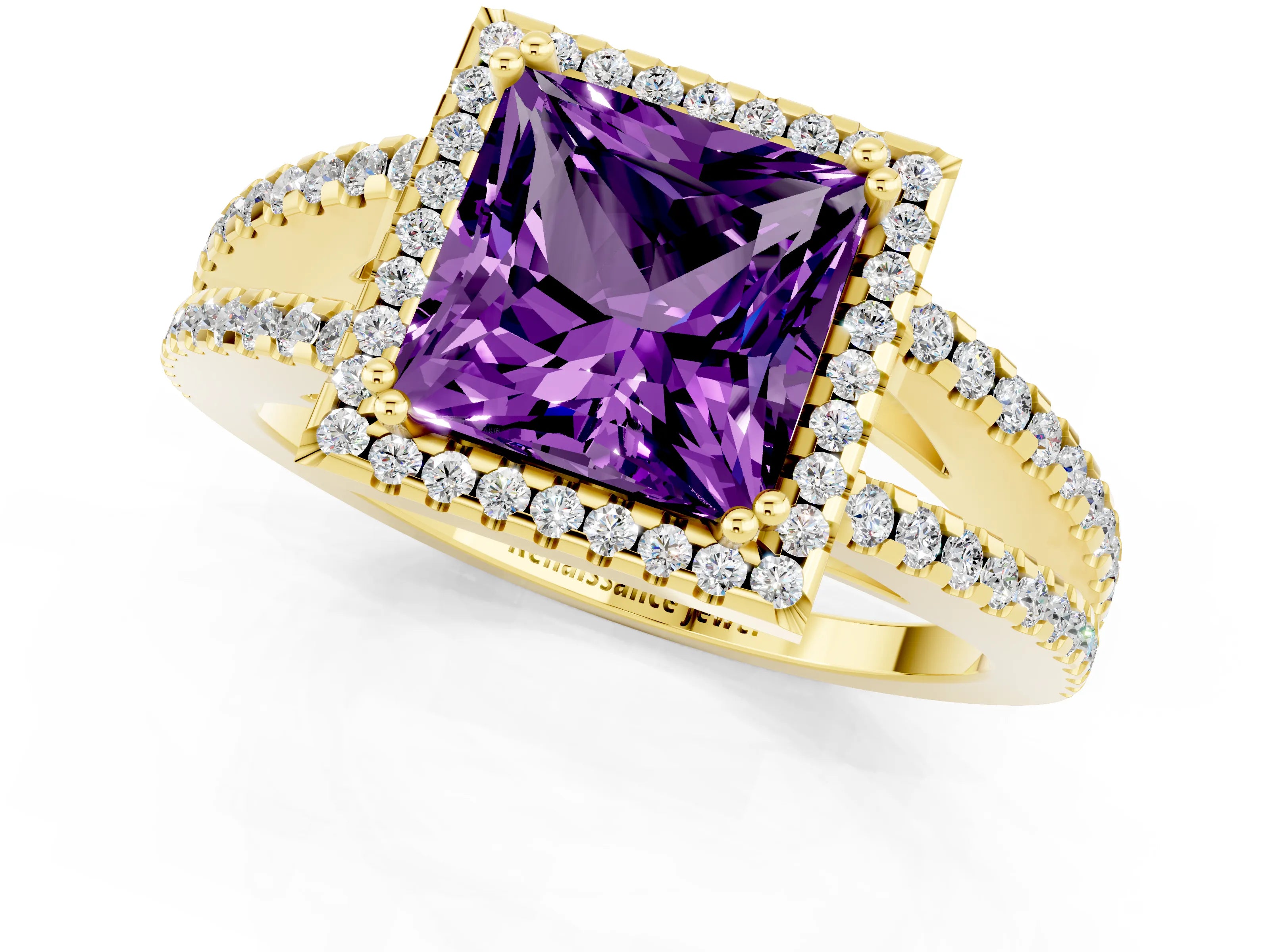 Yellow gold Princess Cut Amethyst Halo Split Shank Engagement Ring_13