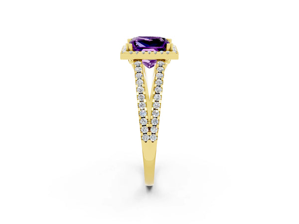 Yellow gold Princess Cut Amethyst Halo Split Shank Engagement Ring