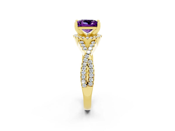 Yellow gold Princess Cut Amethyst  Halo Twist Band Solitaire Prong Setting Ring