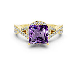 Yellow gold Princess Cut Amethyst  Halo Twist Band Solitaire Prong Setting Ring_24