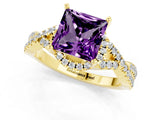 Yellow gold Princess Cut Amethyst  Halo Twist Band Solitaire Prong Setting Ring_25