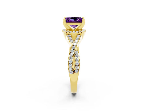Yellow gold Princess Cut Amethyst Halo Twist Band Solitaire Prong Setting Ring_2
